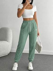 EURMUSE Pantalones deportivos con bordado de letra de cintura con cordón - Verde Oliva - Ver 3