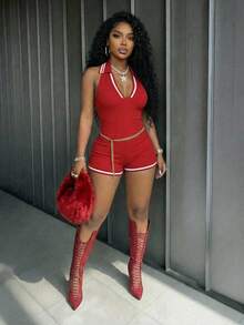 Slaydiva Bộ jumpsuit nữ ngắn không tay cổ polo, cổ chữ V, dáng ôm, phong cách đường phố thường ngày, màu đỏ rực rỡ, thích hợp cho mặc hàng ngày, đi mua sắm, đi học, lễ hội âm nhạc, lễ hội hóa trang, tiệc tùng, ăn trưa, trang phục sân bay, gợi cảm, người nổi tiếng, câu lạc bộ, hộp đêm, thể thao, yoga -B - Đỏ - Xem 4