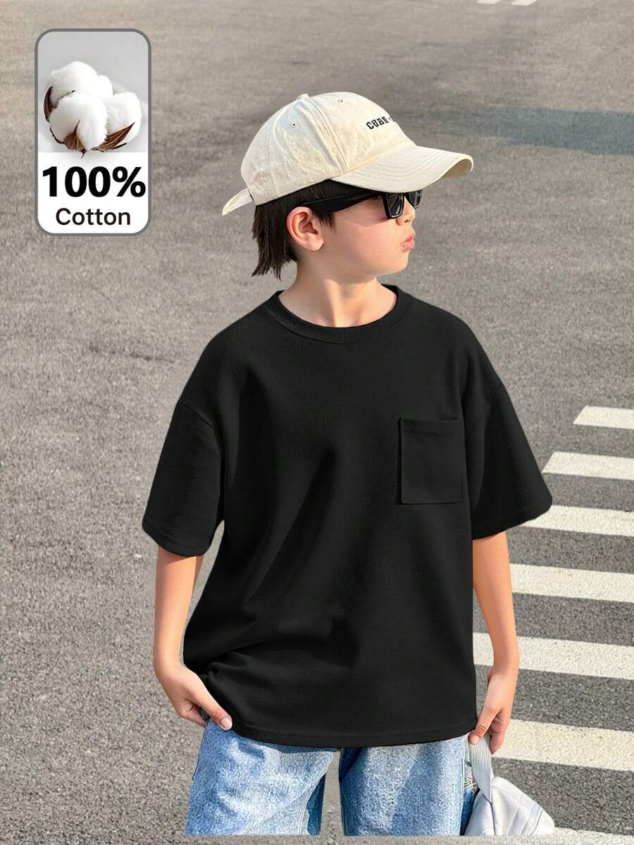 SHEIN 青少年男孩休閒簡約圓領T恤,適合夏季 - 白色 - 查看 1