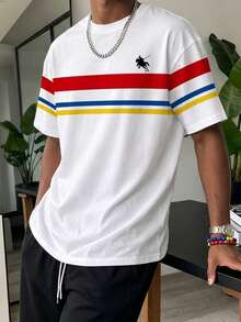 Manfinity Joysei Men's Casual Striped Print T-Shirt, Suitable For Summer Outings - White - View 6