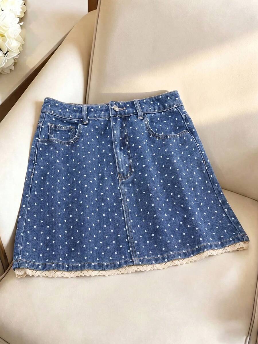 GlowEve Damen Sommer Lässig Polka Dot Muster Denim Rock - Blau - Übersicht 1