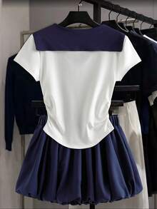 GlowEve CURVE 大尺碼女款學院風 2-In-1 兩件套水手領刺繡圖案上衣與裙子，適合運動穿著 - 藏蓝色 - 查看 2