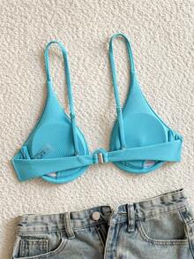SHEIN Swim Atasan Bikini Wanita Musim Panas Warna Polos dengan Kawat Penyangga - Biru - View 2