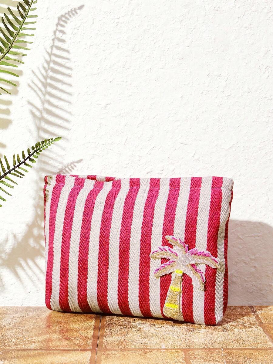SHECARRY Ladies Fashionable Simple Summer Sailing Wind Rose Red White Stripe Embroidery Beaded Coconut Tree Decoration Cosmetic Bag Storage Bag Wash Bag - Pink and white stripes (coconut tree) - View 1
