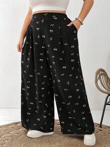 SHEIN CURVE+ 大尺碼女款休閒寬鬆舒適透氣日常百搭黑色花卉紋理彈性腰長褲，女裝下身褲，寬鬆褲，可愛夏季，歐式夏季，度假，機場哥特風 - 黑色 - 查看 6