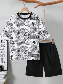2piezas/Set Conjunto de Camiseta de Manga Corta con Cuello Redondo y Pantalones Cortos Estilo Casual Coreano Holgado con Gráfico de Anime y Letras para Niños Preadolescentes, Adecuado para Ir al Trabajo, Escuela, Uso Casual Diario, Salidas, Deportes, Primavera y Verano - Blanco y Negro - Ver 6