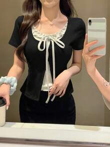DAZY Women's Summer 2 In 1 Ruffles Bowknot Sleeve T-Shirt - Black - View 4