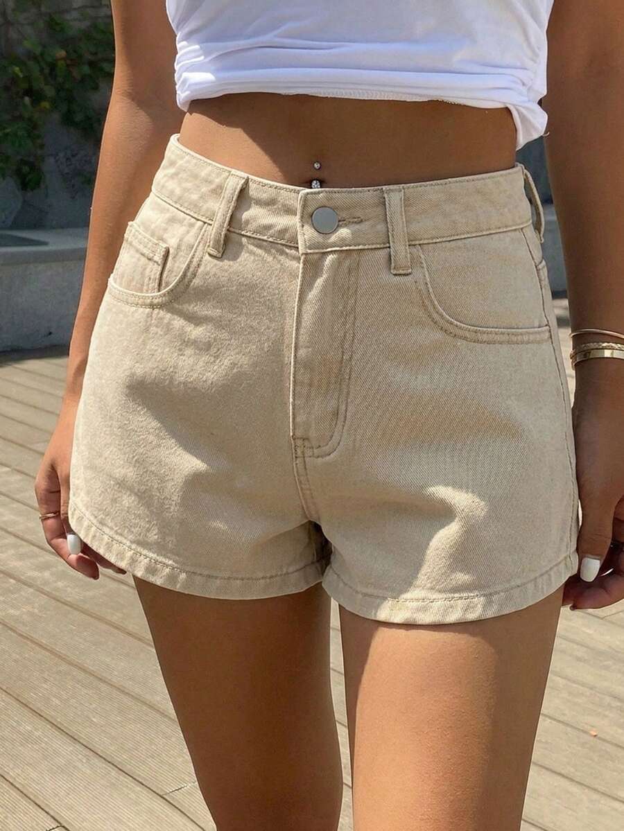 Dazy Tall 女款高個子長版都市休閒牛仔短褲 夏季 - 卡其色 - 查看 1