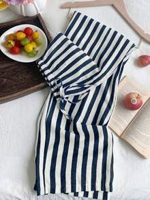 SHEIN EZwear 藍白條紋大尺碼女款腰部綁帶寬鬆長褲 - 藍色 - 查看 3