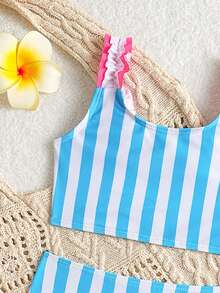 Setelan Baju Renang Anak Perempuan 2 Potong, 2 Potong, Warna Merah, Motif Garis-Garis Sederhana, Bahan Rajut Nyaman, dengan Hiasan Rumbai, Cocok untuk Pantai, Kolam Renang, Tepi Laut, Liburan, Musim Panas, Perjalanan, dan Hari Raya. - Mint Blue - View 4