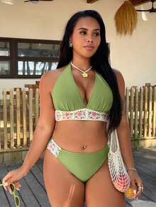 Swim Vcay 女款大尺碼純色 2 件組掛脖式胸下綁帶三角比基尼泳衣,適合度假與海灘 - 彩色 - 查看 6