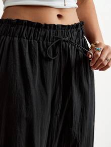 Freevana Pantalones largos casuales y versátiles de talla grande para mujer, unicolor, con cintura con cordón, para uso diario - Negro - Ver 6