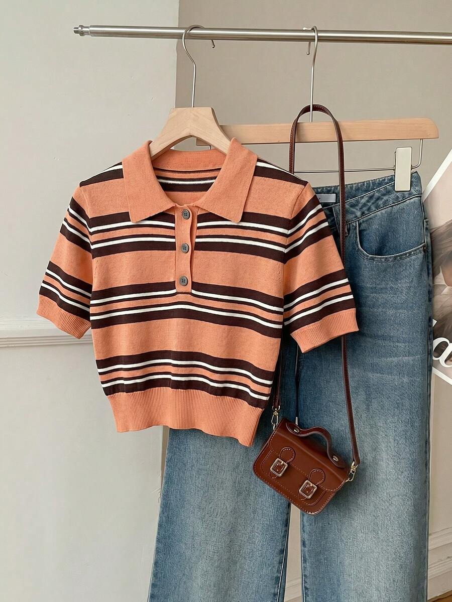 SHEIN EZwear 半拉链短袖休闲百搭条纹针织衫,多色 - 橘色 - 查看 1