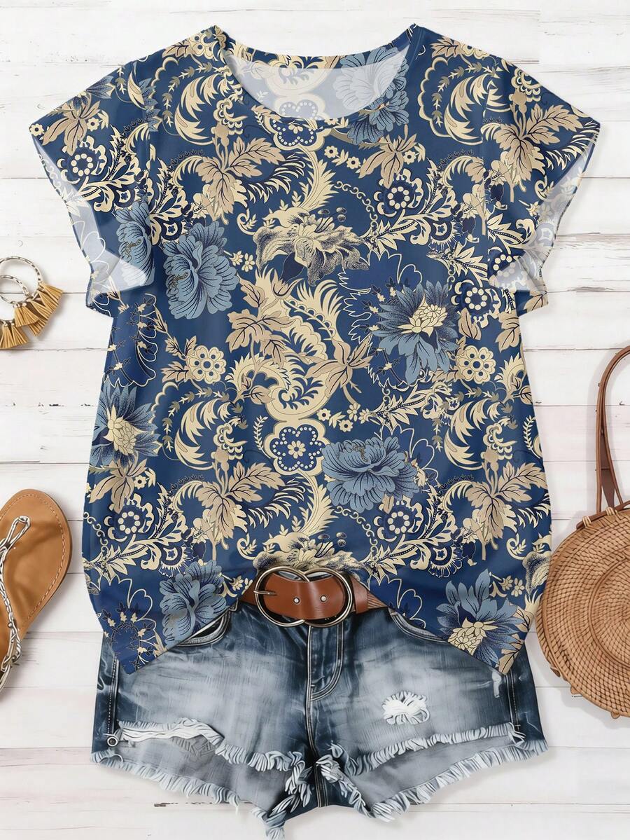 Mellowie Plus Size Women's Blouse Vintage Floral Print Pattern Casual Minimalist Suitable For Spring/Summer Business Casual Outing Vacation