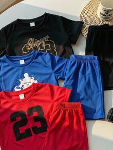 SHEIN 3件/組兒童夏季服飾 幼男舒適休閒風圓領短袖T恤 條紋T恤上衣 織標裝飾短褲 2件/組 超高CP值多件套裝 適合戶外玩耍、街頭風、派對、居家休閒 - 彩色 - 查看 3