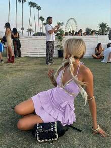 SHEIN MOD 女款夏季性感海灘度假風拼接貝殼與海星緞帶蕾絲下擺打結掛脖迷你洋裝 - 紫色 - 查看 2