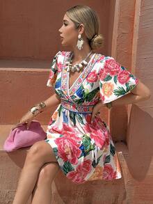 Selianne Vacation Bohemian Tropical Large Floral Print Ruffle Sleeve Women's Short Dress Beach White Summer - Multicolor - View 3
