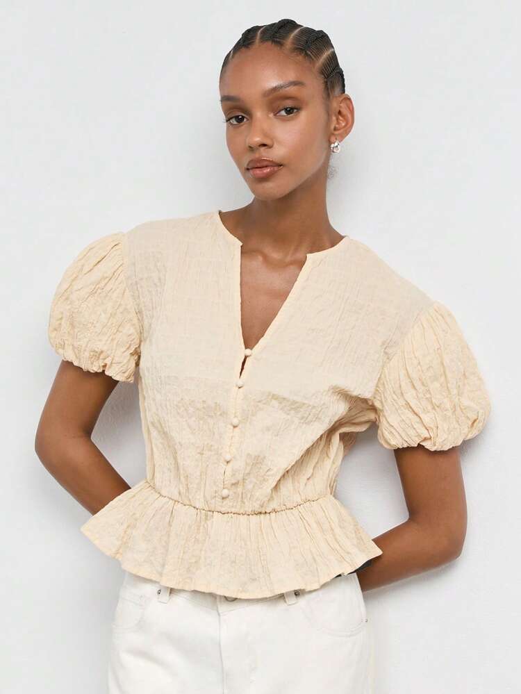 SHEIN Maija Women's Solid Color Pleated Casual Versatile Daily Outing Petal Sleeve Blouse,Going Out Outfits,Summer Holiday Outfits