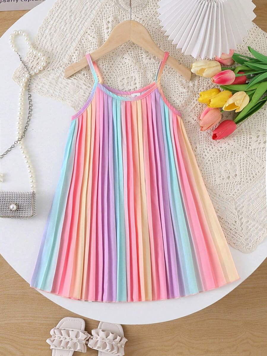 SHEIN Elladie kids 少女款撞色寬鬆百褶細肩帶洋裝