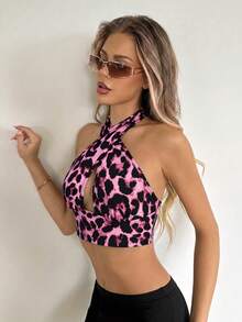 SHEIN ICON 女款夏季時尚性感掛脖豹紋短版背心上衣 - 粉色 - 查看 5