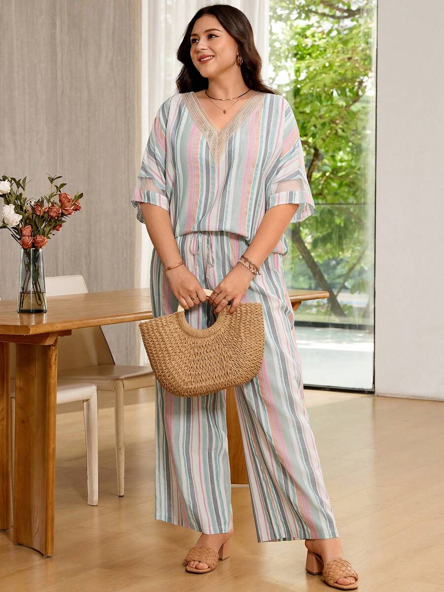 Rosumi 大尺碼度假休閒條紋襯衫與長褲2件組 - 彩色 - 查看 1