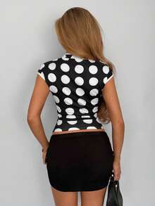 TRNVIE Camiseta de manga corta con estampado de lunares negros y cortes al estilo chino romántico para mujer - Negro - Ver 2