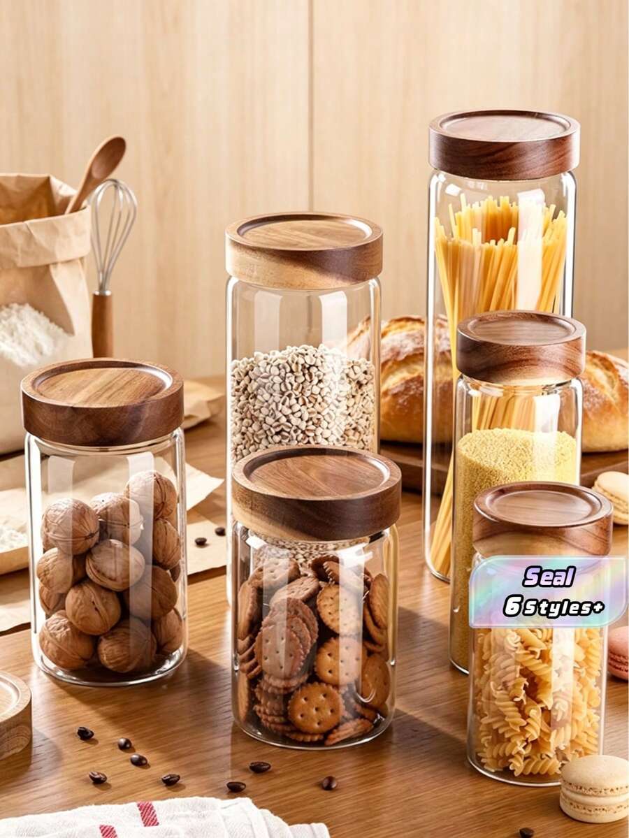 1pc Glass Storage Jar, Airtight Food Container With Wooden Lid, Transparent Glass Canister Suitable For Pantry, Kitchen To Store Flour, Sugar, Tea, Coffee, Snacks, Spices, Etc. - Multicolor - View 1