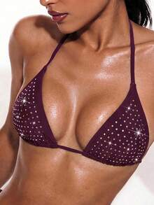 Oceva Áo bikini nữ mùa hè đi biển nghỉ dưỡng dự tiệc màu trơn đính đá trang trí cổ yếm buộc sau lưng gợi cảm - Màu Đỏ Sâu - Xem 4