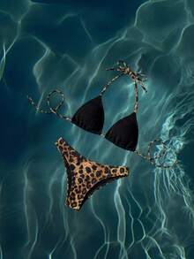 Anewsta Women's Summer Beach Vacation Colorblock Halter Tie Sexy Tropical Bikini And Leopard Print Triangle Bottoms Two-Piece Swimsuit Set Black Brown - Multicolor - View 4