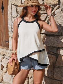 Boho Mama Maternity Vacation Asymmetric Hem Color Block Halter Neck Tank Top Boho Summer Outfits  Casual Baby Shower Outfits - Black and White - View 4