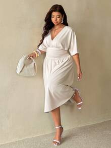 Auralis Plus Size Women Solid Color V-Neck Pleated Casual Party Dress - Apricot - View 6