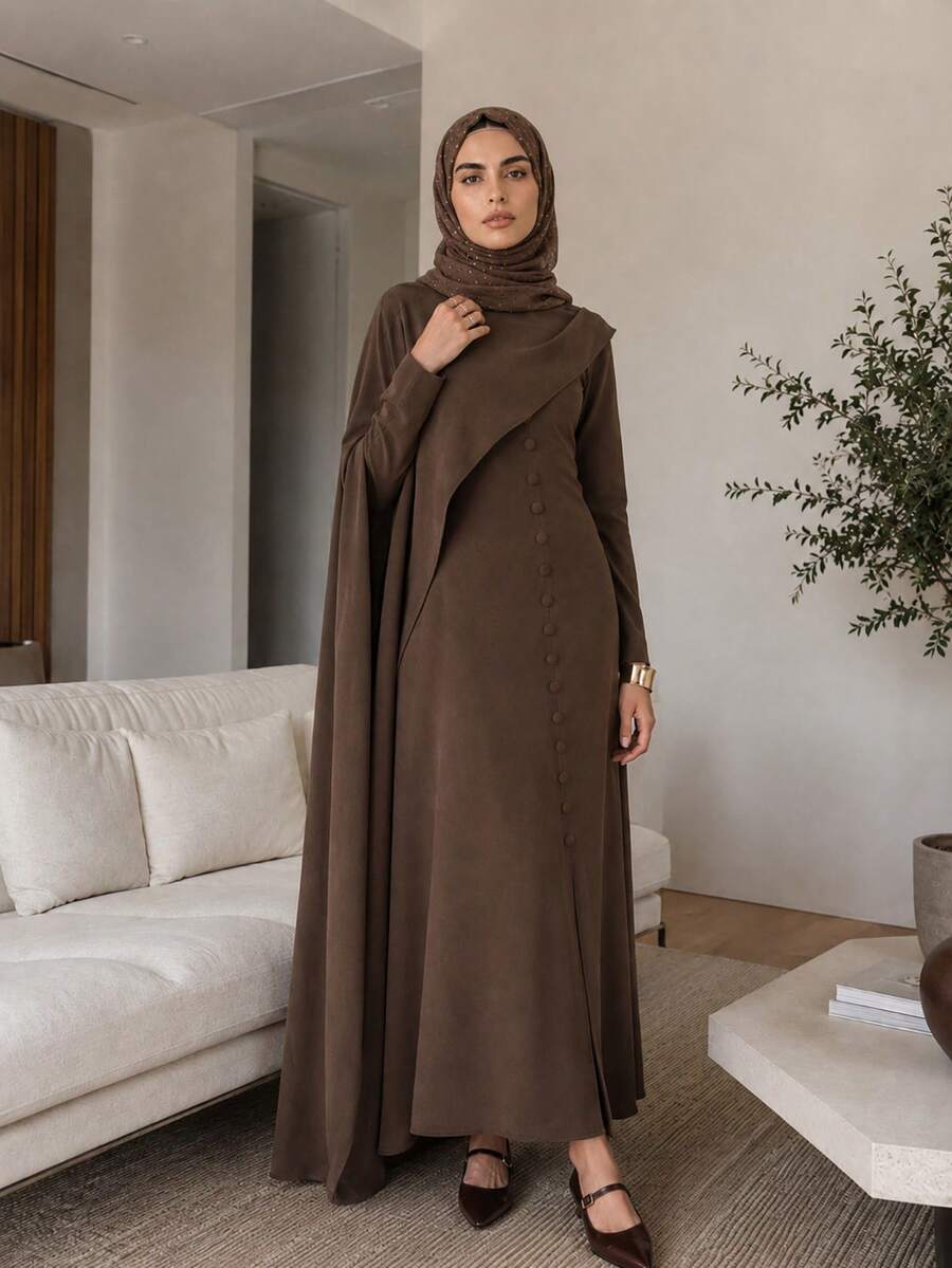 Solavon Vestido Elegante de Manga Longa com Design Camadas e Abotoamento Simples para Mulheres - Café - Visão 1