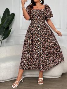 Vionelle Plus Size Women's Ditsy Floral Print Square Collar Buttoned Dress Maxi Women Outfit - Black - View 3