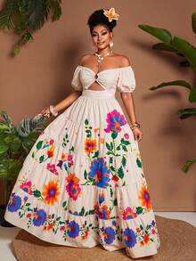 Maweii Plus Size Floral Print Off-Shoulder Hollow Out Ruffle Hem Short Sleeve Dress - White - View 4