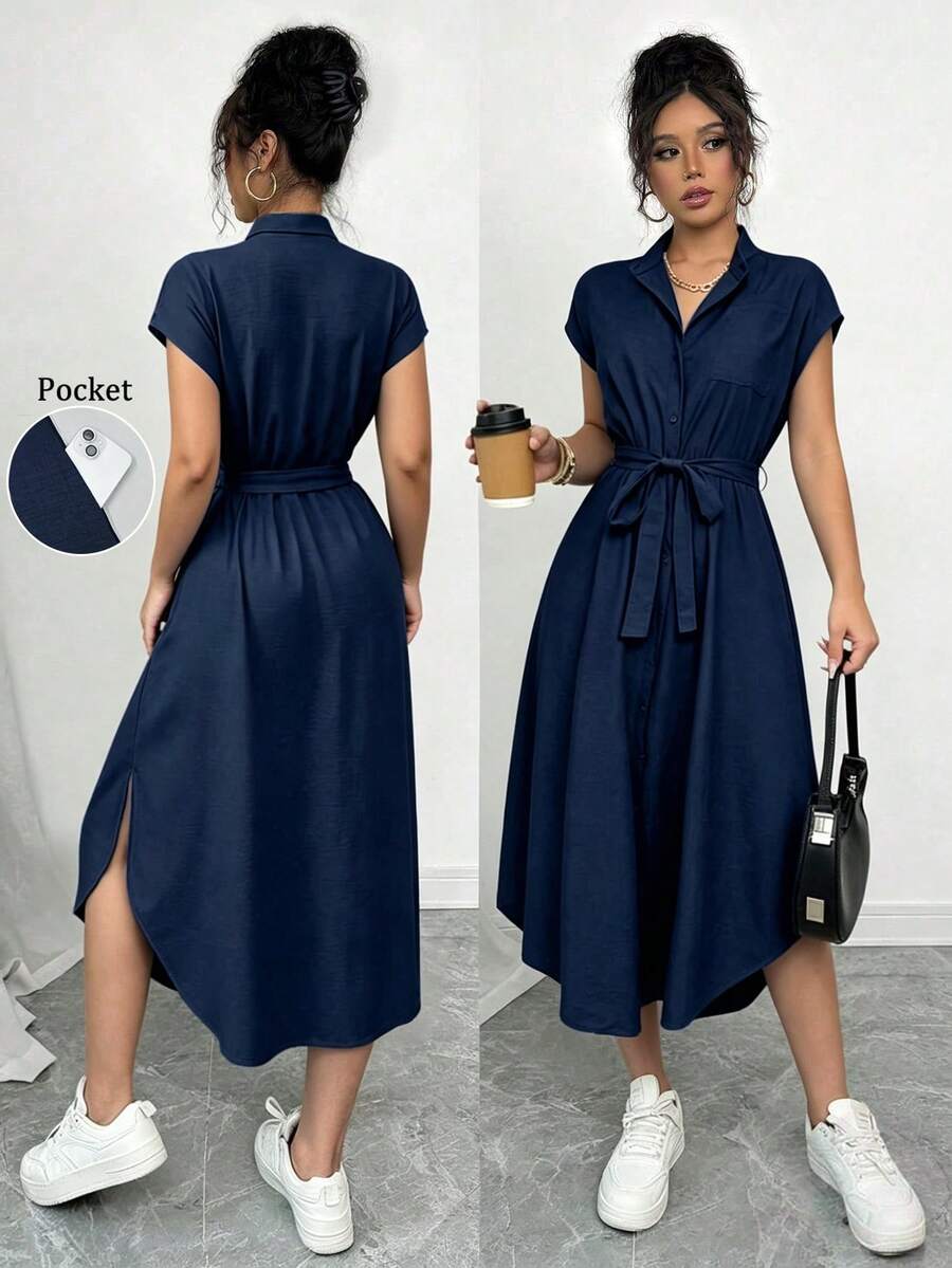 SHEIN Raffinéa Gaun Elegan Tanpa Lengan dengan Belahan dan Pita Warna Polos untuk Wanita - Royal Blue - View 1