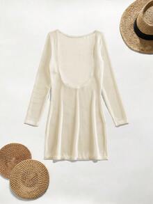 Bonvoyette Women's Solid Color Low Neck Long Sleeve Cover-Up Dress For Vacation - Apricot - View 2