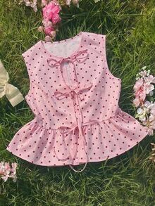 SHEIN Tween-Mädchen Lässig Alltags Urlaubs Rosa Braun Polka Punkte Bedrucktes Crop Top mit Schleife, Rosa Elegantes Top, Sommer Tops, Sommer Bluse - Pink - Übersicht 11