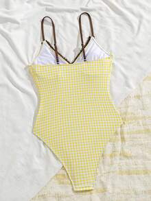 Swim Mod Maillot de bain une pièce pour femme, style vacances plage décontracté, patchwork rétro imprimé marron, col en V + bordure à volants, bretelles spaghetti, dos ouvert, design à nouer devant, idéal pour le sport & la plage, les vacances de printemps & la saison estivale. Maillot de bain 2026. Maillot de bain style français. Maillot de bain été européen. Tenue d'été - Multicolore - Voir 2