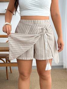Enliva Quần short quấn kẻ sọc casual đi du lịch size lớn - Màu be - Xem 6