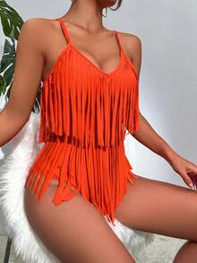 Slaydiva Solid Color Tassel One-Piece Swimsuit For Vacation Beach - Coral Orange - View 4