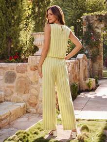 KARISMINA 2pcs/Set Women Solid Color Woven Fitted Tank Top & High Waist Loose Straight Pants Set Spring Outfits For Tropical Vacation Woman Clothes Linen Island - Light Yellow - View 3