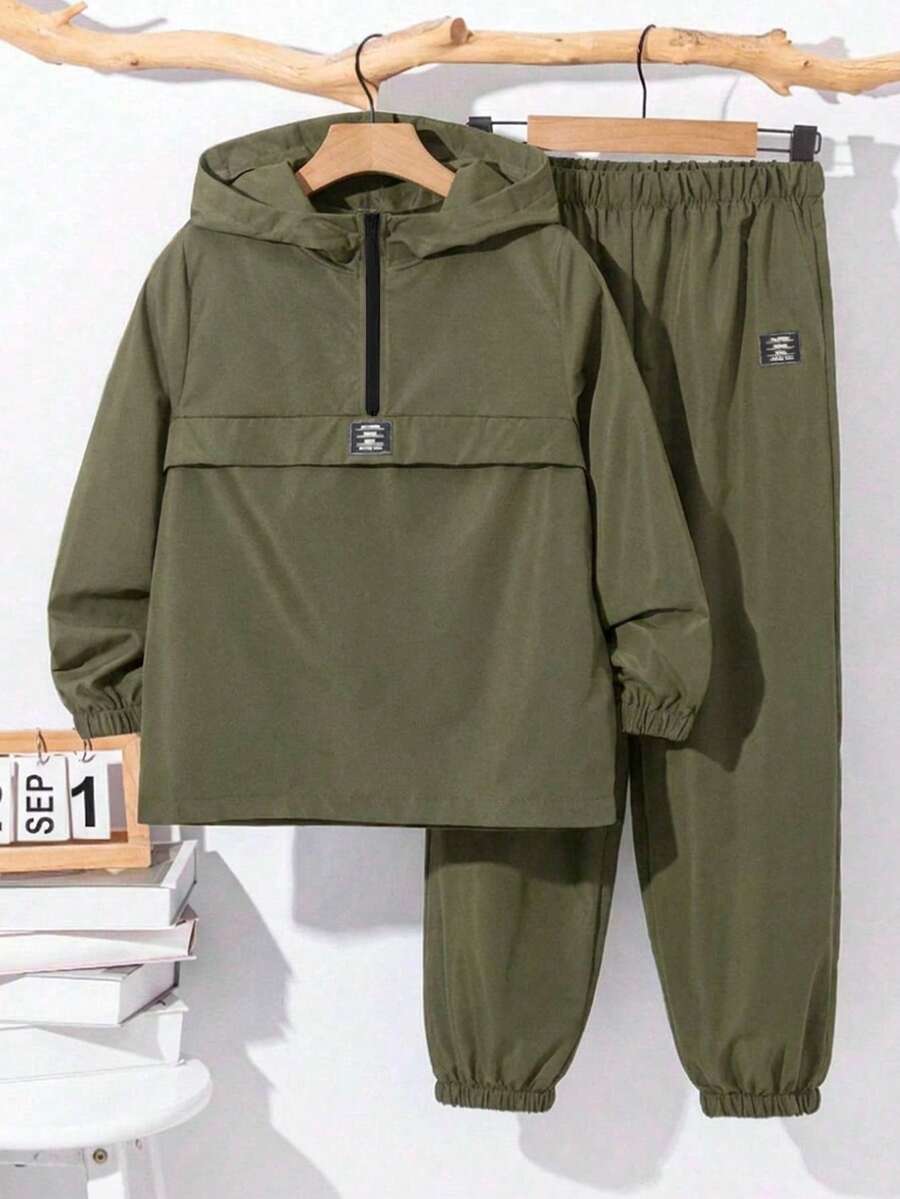 SHEIN 青少年男款字母貼布長袖連帽外套與長褲休閒套裝 - 軍綠色 - 查看 1