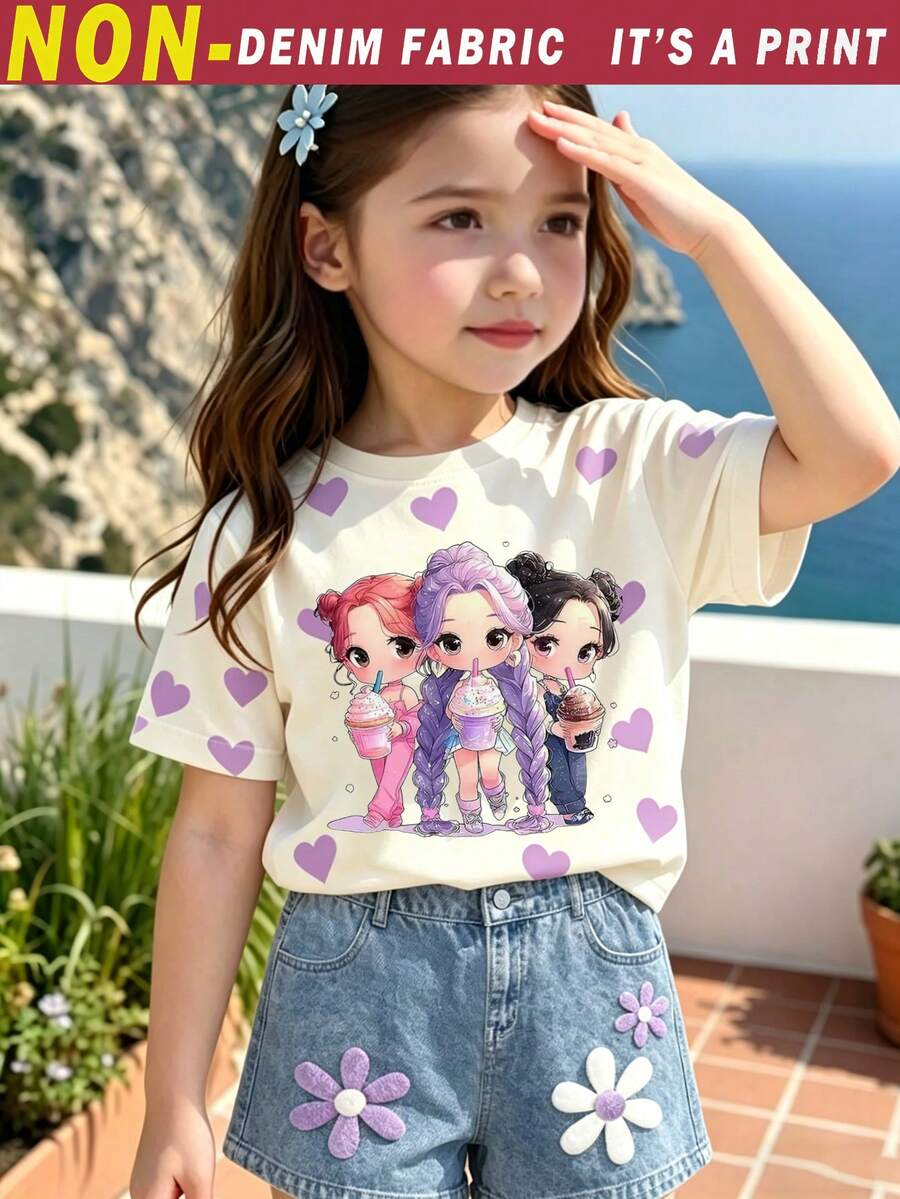SHEIN Sparklyn 1套少女可愛Y2K愛心印花女孩圖案圓領短袖T恤與紫色花卉印花短褲套裝，春夏季穿搭，居家與校園清新夏季穿著