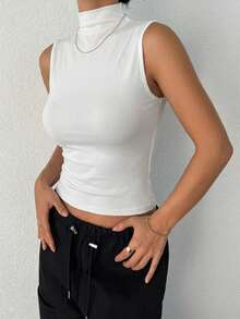 DAZY Women's Solid Color Pleated Summer Stand Collar Slim Fit Tank Top - White - View 5