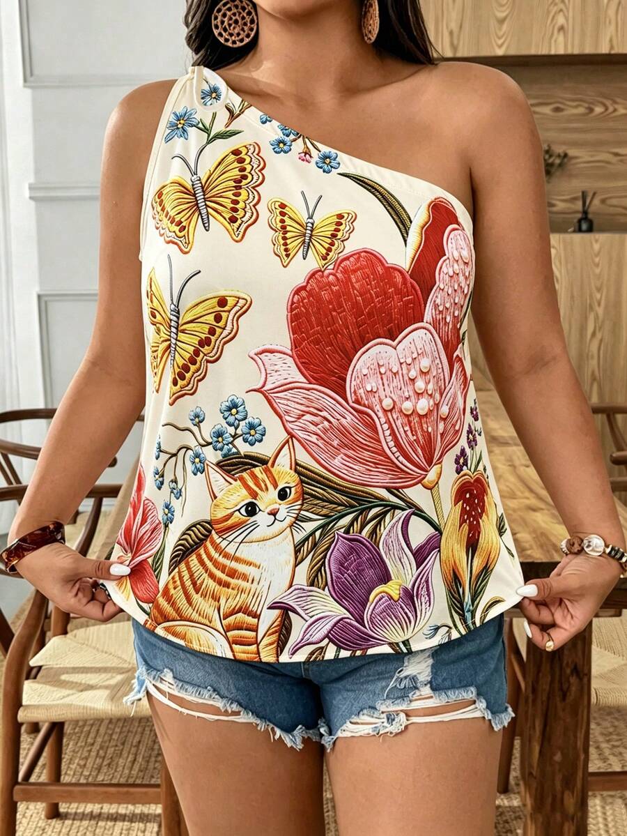 Weeklong Plus Size Women's Floral Print Casual Versatile Daily Outing Top - Apricot - View 1