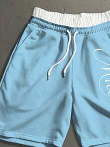 Salvezio Men's Double-Layer Drawstring Waist Colorblock Letter Print Casual Sweat Shorts - Baby Blue - View 2