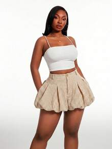 SHEIN SXY Plus Size Women's Plaid Pattern High Waist Pleated Puff Shorts - Apricot - View 6