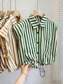 Resyla Striped Collar Cinched Waist Shirt - Green - View 6