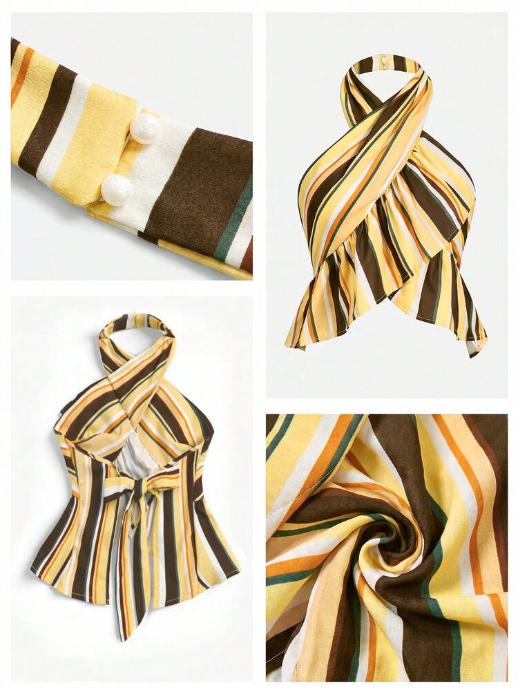 SHEIN Maija MAIJA Beach Striped Halter Crossover Ruffle Hem Crop Top