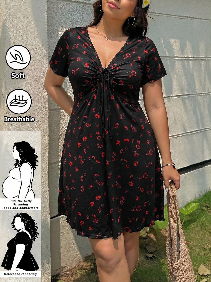SHEIN CURVE+ 大尺碼女款花卉休閒洋裝,時尚春夏季新款洋裝 - 黑色 - 查看 1